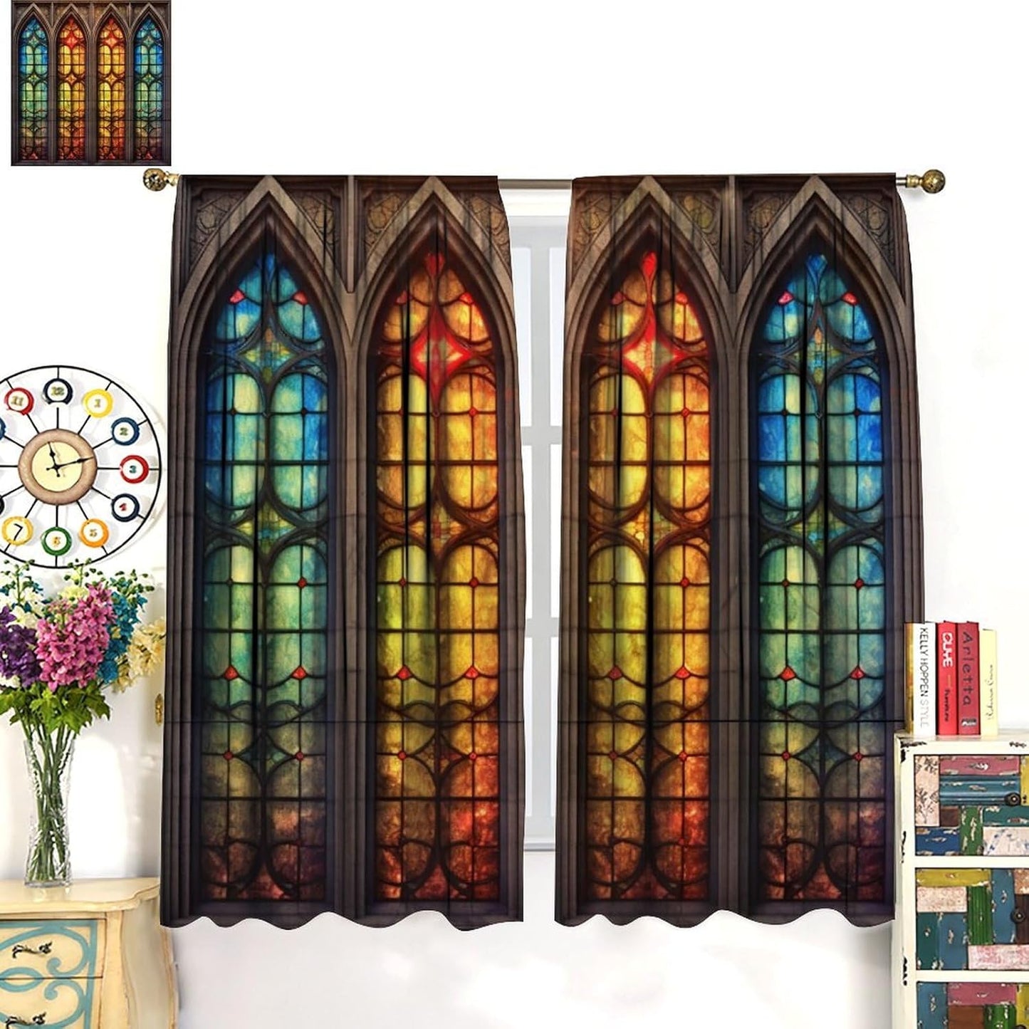 Stained Glass Curtains,Mid Century Vintage Style Abstract Art Home Decor Drapes for Bedroom Living Room Kitchen Window Treatment 2 Panels Set Total Size 42" W X 54" L Inch