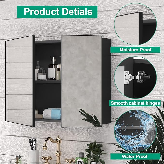 36 x 24 Farmhouse Medicine Cabinet, Tempered Frameless Bathroom Mirror with Storage, Black Recessed or Surface Mount Aluminum Medicine Cabinet for Bathroom Modern