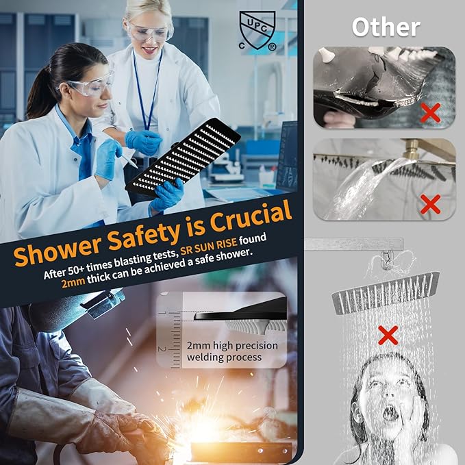 SR SUN RISE Matte Black Square Rainfall Shower Head and Handle Set, Wall Mounted Shower Fixtures, Metal Shower Faucet Trim Repair Kits (With Shower Valve) 16 Inches