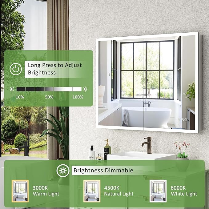 Medicine Cabinet with Lights, Bathroom LED Mirror Cabinet with Storage, Anti-Fog & 3 Color Lights, Recessed or Wall Mounted (40X32 in)