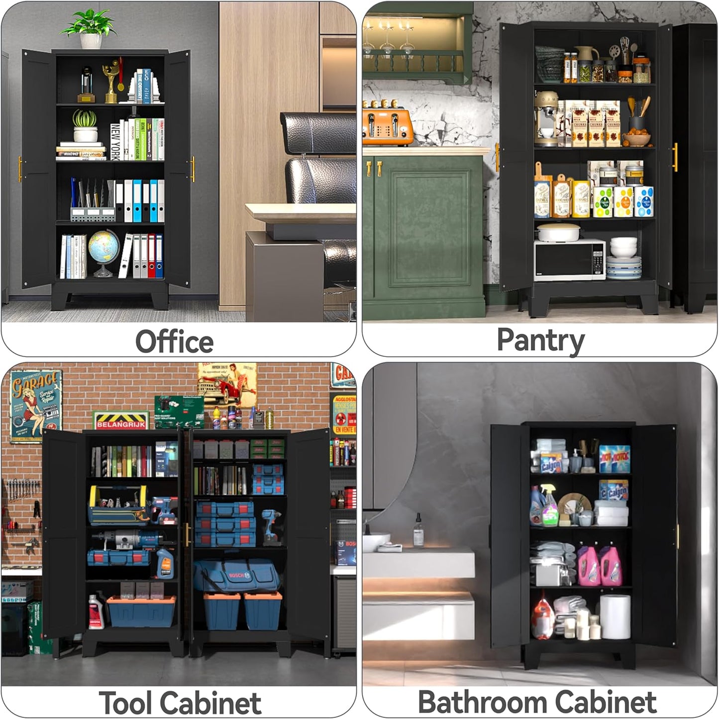 61" Balck Metal Kitchen Storage Cabinet, Kitchen Pantry Storage Cabinet with Doors and Shelves, Storage Cabinet with Adjustable Leveling Foot for Kitchen, Living Room and Dining Room