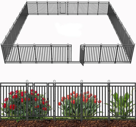 Decorative Garden Fence Large Dog Fence Outdoor for Yard, 72ft (L) × 40in (H), 28 Panels + 4 Gates, Metal Animal Barrier Fencing for Patio & Flower Bed, No Dig, Black-Silver