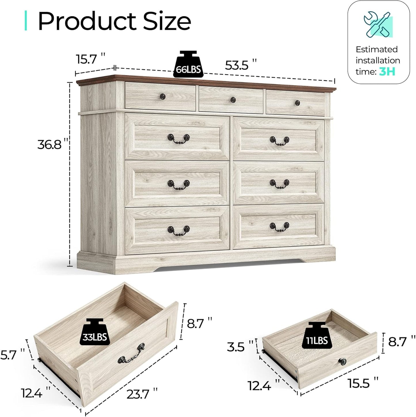 LINSY HOME 9 Drawers Dresser for Bedroom, Wood Bedroom Chest of Drawers, Farmhouse Tall Dresser for Closet, Dressers Organizer for Living Room, Hallway, Beige