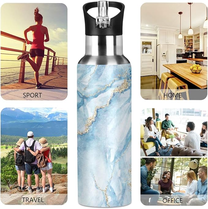 Qilmy Black and White Leopard Water Bottle Vacuum Insulated Stainless Steel Water Bottles with Straw Lid Leakproof Wide Mouth Water Flask for Fitness Outdoor Sports, 20 oz