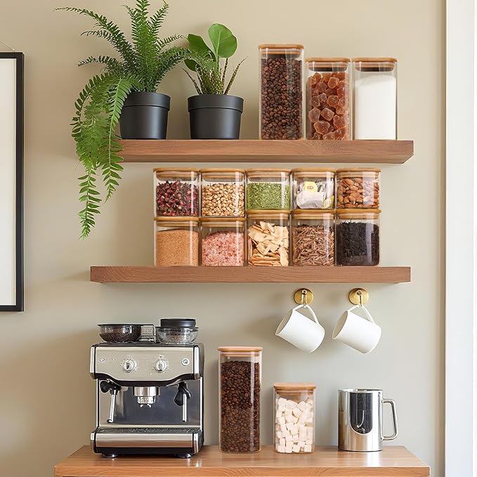 ComSaf 1.9 Qt Glass Storage Containers with Lids, Glass Jars with Lids, Clear Food Storage Jar, Square Canister Set of 3, Pantry Organizers and Storage for Flour Rice Pasta Tea Coffee Bean