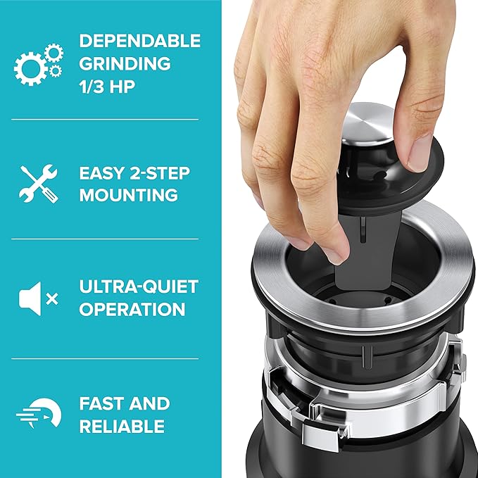 KRAUS WasteGuard 1/3 HP Ultra-Quiet Garbage Disposal with Quick Connect, Kitchen Sink Drain Cover, Power Cord and Flange Included, KWD100-33MBL