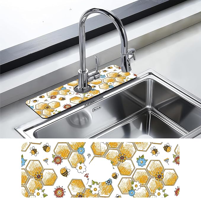 Kitchen Sink Splash Guard Faucet Mat Cute Bees and Honeycomb Sink Splash Guard Behind Faucet,1 PC Soft Diatom Mud Non-Slip Mat-for Kitchen,Dish Drying Mat,Bathroom Faucet Mat 15.5""X5.5""