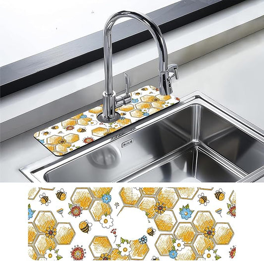Kitchen Sink Splash Guard Faucet Mat Cute Bees and Honeycomb Sink Splash Guard Behind Faucet,1 PC Soft Diatom Mud Non-Slip Mat-for Kitchen,Dish Drying Mat,Bathroom Faucet Mat 15.5""X5.5""