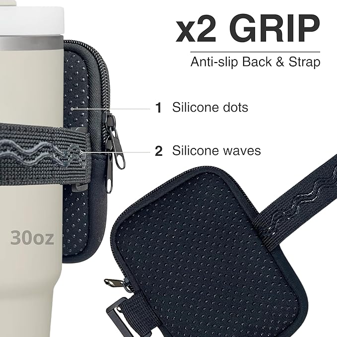 Water Bottle Pouch for Stanley Cups with 20oz 30oz 40oz Stanley Quencher Adventure & Stanley IceFlow, Gym Accessories for Women Tumbler Pouch with Strap & Zipper Cup Purse for Card Keys (Black, Small)