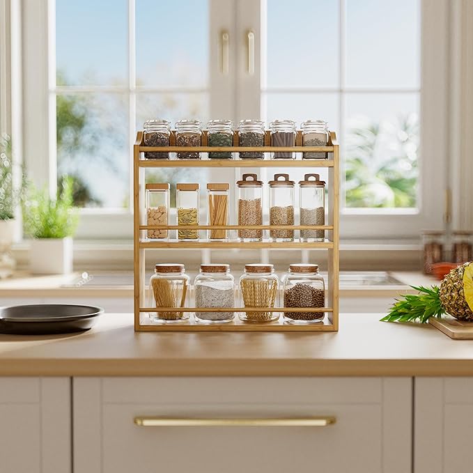 Spice Rack Wall Mounted, Spice Organizer for Counter, Bamboo Spice Storage Holder for Kitchen Cabinet, Pantry (Spice Jars Not Included, Natural)