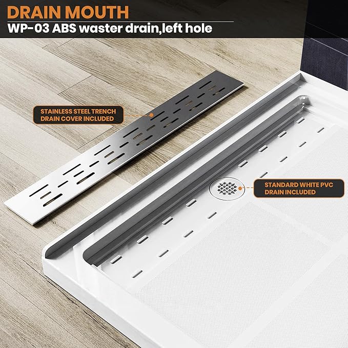 Shower Base Pan in White Left Linear Drainer, Rectangular Shower Base 60"×34"×4" with Non-Slip Floor Panel and Stainless Steel Shower Drain Cover