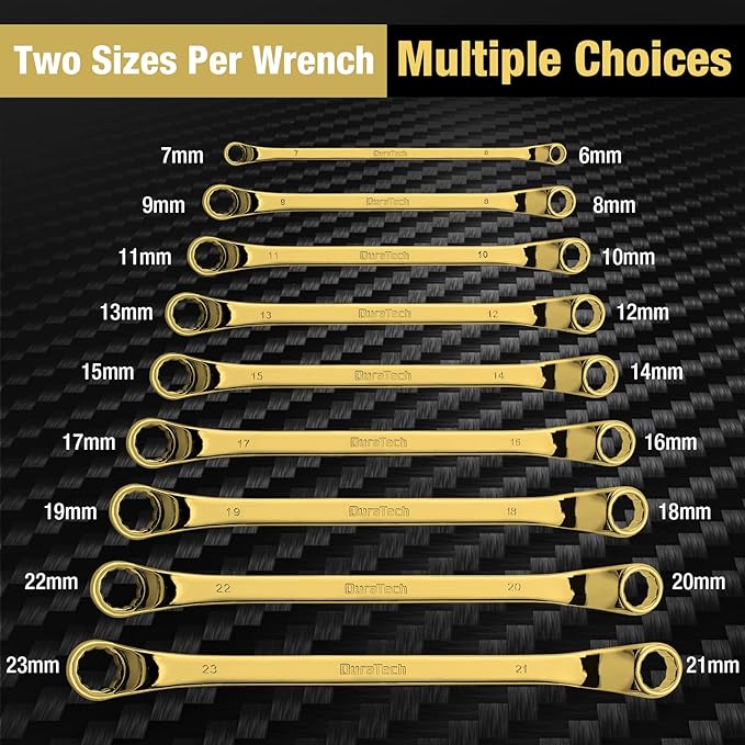 DURATECH Offset Box Wrench Set, Metric, 9-Piece, 6-23mm, 75-Degree, CR-V Steel, Titanium Plating with Pouch