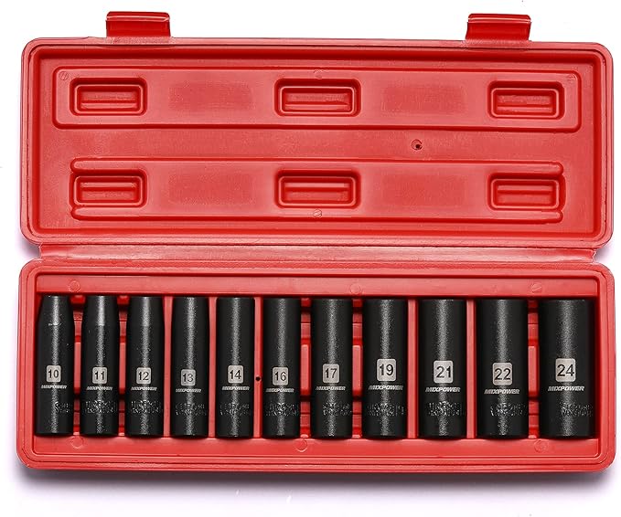 MIXPOWER 11-Piece 1/2-Inch Drive Deep Impact Socket Set, CR-V, Metric, 6 Point, Deep, 10-24mm