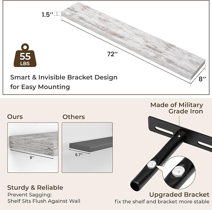 RICHFOCUS 72Inch Floating Shelves for Wall 2 Pack Shelves for Bedroom|Kitchen|Bathroom Wall Mounted Rustic Distressed Wood Floating Shelf with Invisible Brackets for Books|Storage|Decor, Rustic