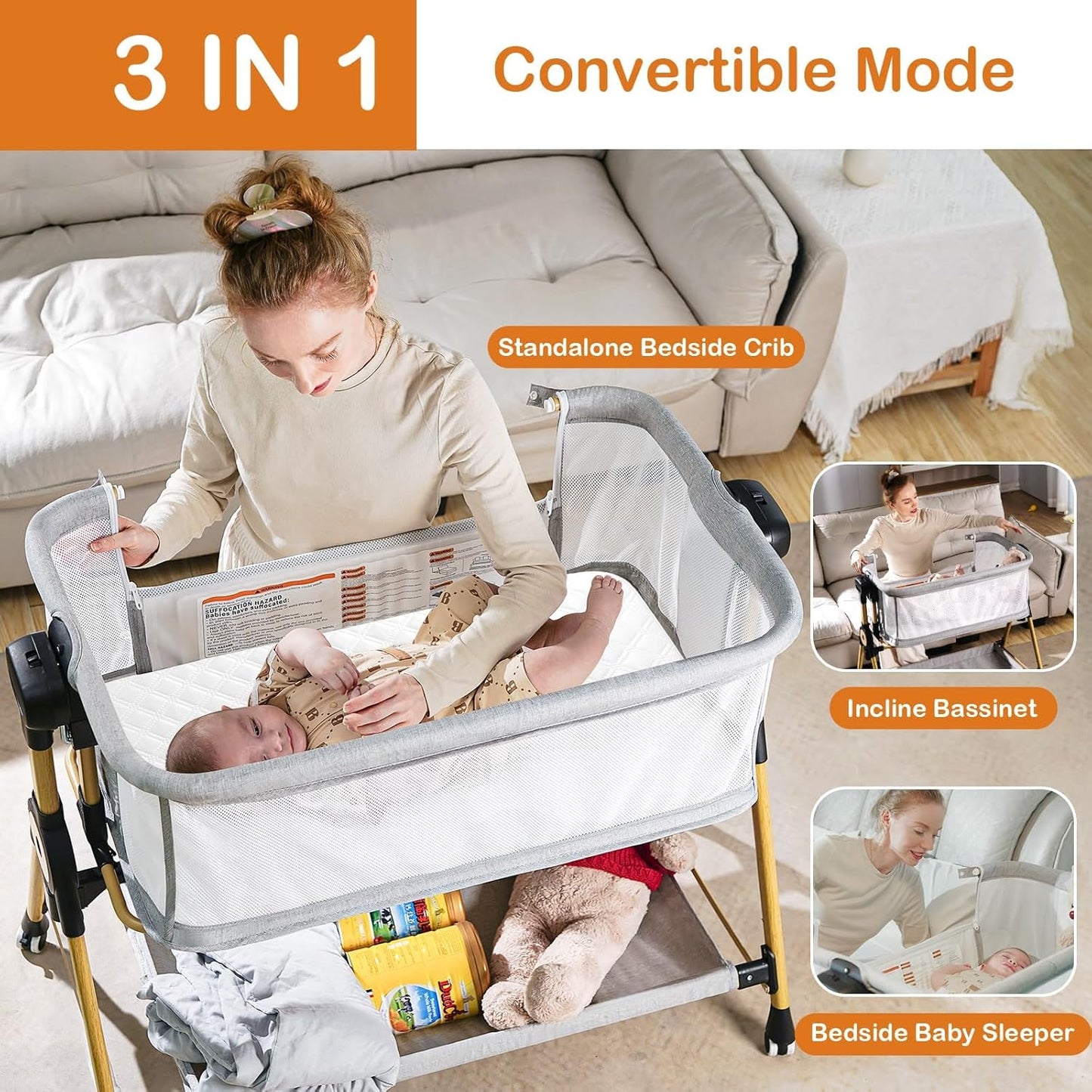 3 in 1 Baby Bassinet,Bedside/Rocking Bassinet for Baby,Bedside Crib with Lockable Wheels,Waterproof Mattress,Adjustable 6 Heights,Portable Bassinets Bedside Sleeper for Newborn Infant
