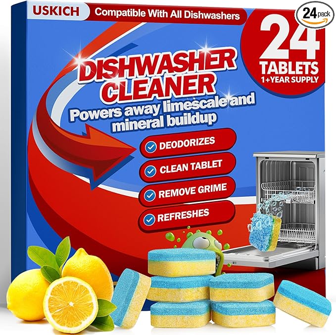Dishwasher Cleaner And Deodorizer Tablets 24 Pack,Deep Cleaning Descaler Pods for Dish Washer,Lemon Scented Dish Washer Machine Tablets for Limescale,Mineral Buildup, Odor,Septic Safe- 1 Year Supply