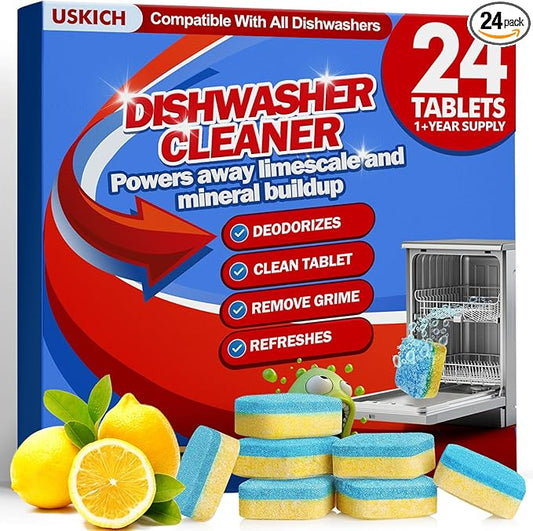 Dishwasher Cleaner And Deodorizer Tablets 24 Pack,Deep Cleaning Descaler Pods for Dish Washer,Lemon Scented Dish Washer Machine Tablets for Limescale,Mineral Buildup, Odor,Septic Safe- 1 Year Supply