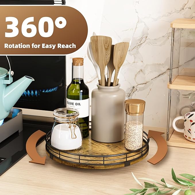 Lazy Susan Turntable Organizer for Table Top, 10’’ Round Wooden Lazy Susan for Cabinet Kitchen Countertop Pantry Dining Coffee Table for Condiments Spices, Rustic Bathroom Vanity Tray for Soap Candle