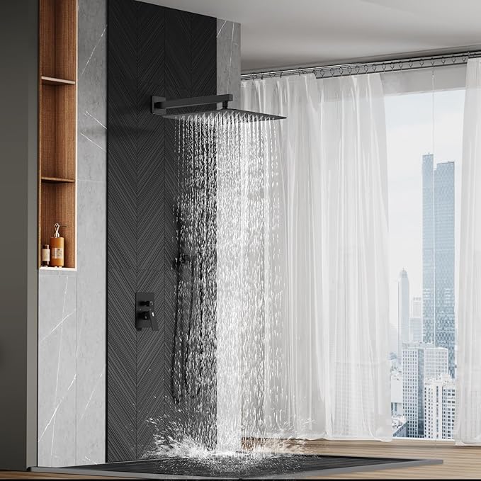 SR SUN RISE Matte Black Square Rainfall Shower Head and Handle Set, Wall Mounted Shower Fixtures, Metal Shower Faucet Trim Repair Kits (With Shower Valve) 16 Inches