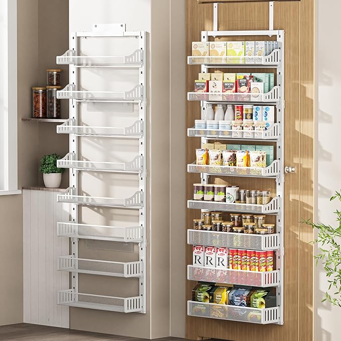 Over the Door Pantry Organizer 8-Tier, Large Metal Door Spice Rack with Adjustable Basket, 2 in 1 Wall Mount or Hanging Heavy-Duty Pantry Door Storage Shelf for Kitchen and Bathroom, White