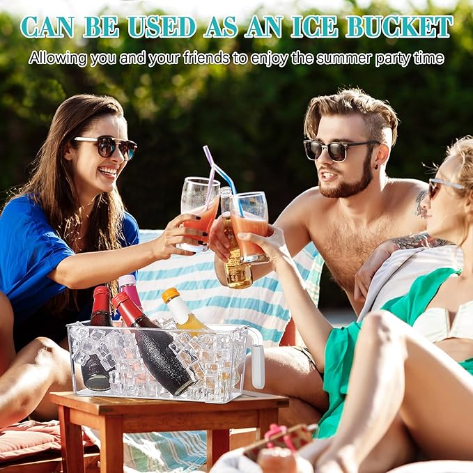 Havawish 2 Set Ice Bin and Flexible Scoop Set Plastic Freezer Ice Bin with Pull out Handle Clear Ice Storage Ice Bucket for Freezer Ice Container with Ice Bucket Scoop Kitchen (10.83 x 4.92 x 4.33 in)