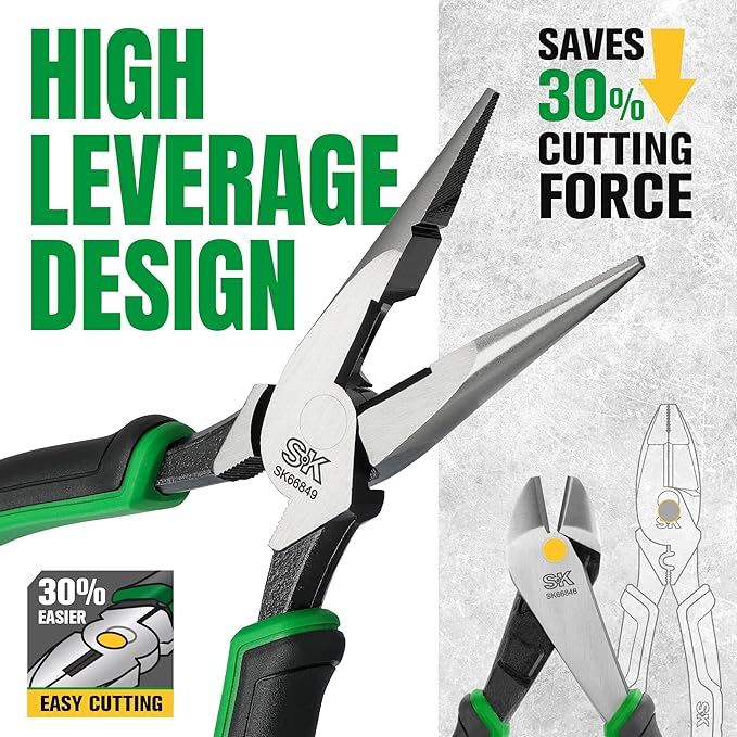 SK 5-Piece Pliers Set, 8" Needle Nose & Slip Joint & Diagonal Pliers, 9.5" Linesman, and 10" Groove Joint, CR-V Construction, Anti-slip Handle, with Rolling Pouch