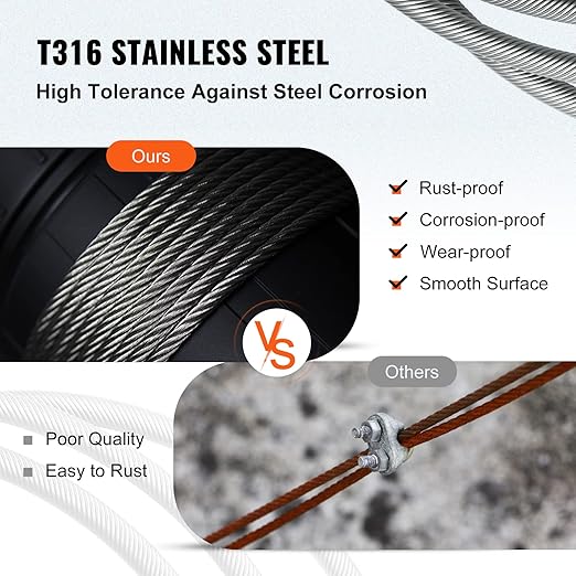 VEVOR 1/8" Stainless Steel Cable 1000FT, T316 1x19 Tighter Core Cable Railing System Wire Rope Aircraft Deck Railing Kit Fence Wire