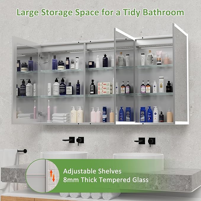 Medicine Cabinet with Lights, Bathroom LED Mirror Cabinet with Storage, Anti-Fog & 3 Color Lights, Recessed or Wall Mounted (60X32 in)