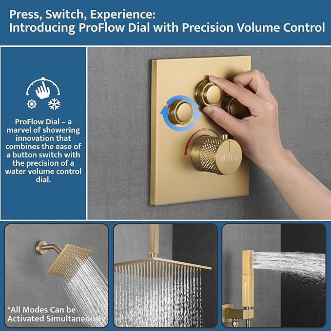 Thermostatic Shower System Brushed Gold, Push Button Diverter Shower Faucet with 2 in 1 Handheld, Ceiling Mount 12 Inch Shower Head with 6 Inch Wall Mount Shower Head