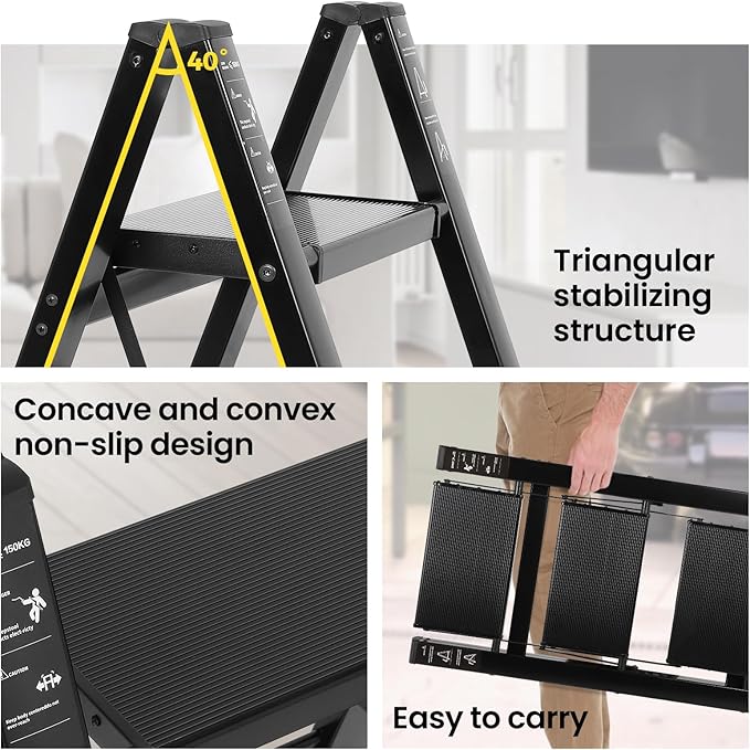 FAHKNS 3 Step Ladder, Aluminum Light Folding 3 Step Stool with Non-Slip Wide Pedal (7.9Inch), 330Lbs Capacity Stepping Stool, Step Ladder 3 Step Folding for Office,Household,Kitchen, Black