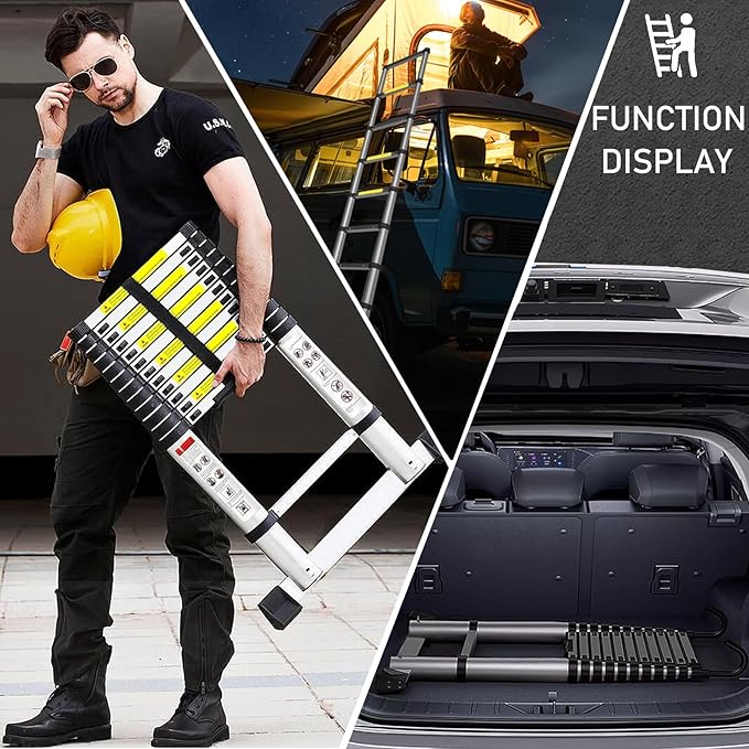Telescoping Ladder with Hooks 10.5 FT - Aluminum Telescopic Ladder with Stabilizer - Retractable Extension Ladders for Home Loft Roof RV Work with EN131 Certification - 330lbs Max Capacity
