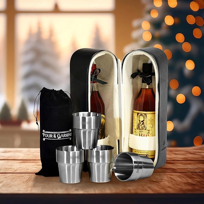 Bourbon Whiskey & Wine Double Bottle Travel Bag with 4 Stainless Steel Double-Walled Vacuum Insulated Glasses - Makes a Great Gift!