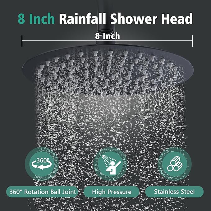 PROOX 3 Handle Tub Shower Faucet Set, 8" Rainfall Shower Head with Tub and Shower Trim Kit with Rough-in Valve, Matte Black Bathtub Shower Faucets, Wall Mounted Bathroom Rain Shower System