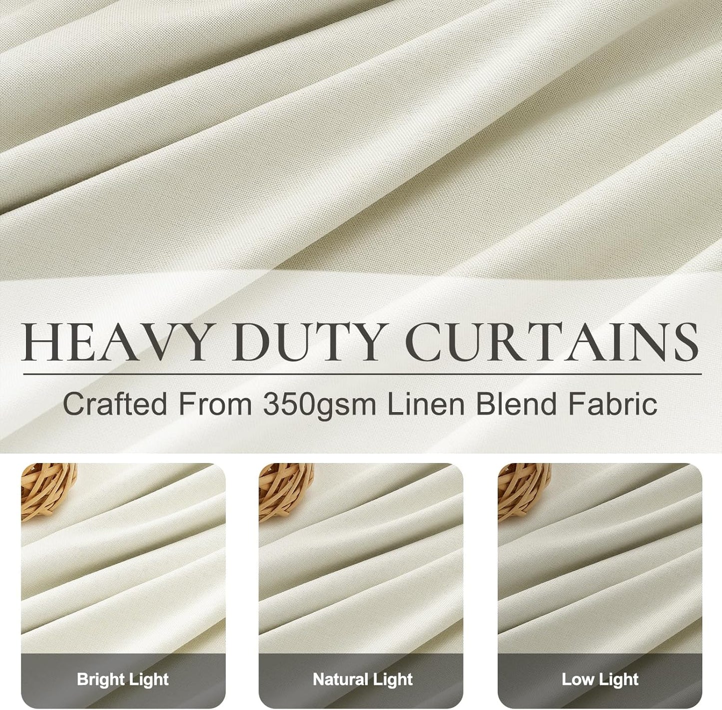 102 Inch Long Curtains, Floor to Ceiling Lush Decor Tall Curtains for Living Room Full Blackout Soundproof Heat Blocking Linen Window Pinch Pleated Drapes 2 Panels Ivory Cream White Room Divider