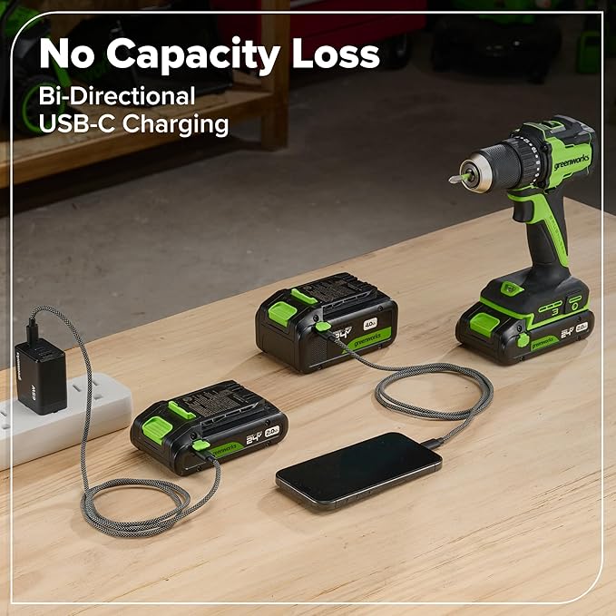 Greenworks 24V Cordless Brushless 400 in-lbs Drill/Driver, Lightweight, LED Work Light,18+1 Clutch, 2.0Ah USB-C Battery (12,000mAh Power Bank),30W USB-C Charger and USB C to USB C Cable(3.3FT)