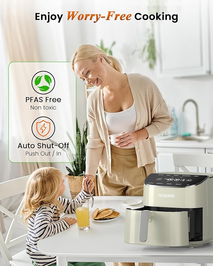 Nuwave Brio Plus Air Fryer 8 Qt, New & Improved, PFAS-FREE, 7 Digital One-Touch Cook Functions that AIR FRY, BAKE, ROAST, DEHYDRATE, TOAST, REHEAT, PREHEAT, 150 Presets, 50°F~400°F (Cream)