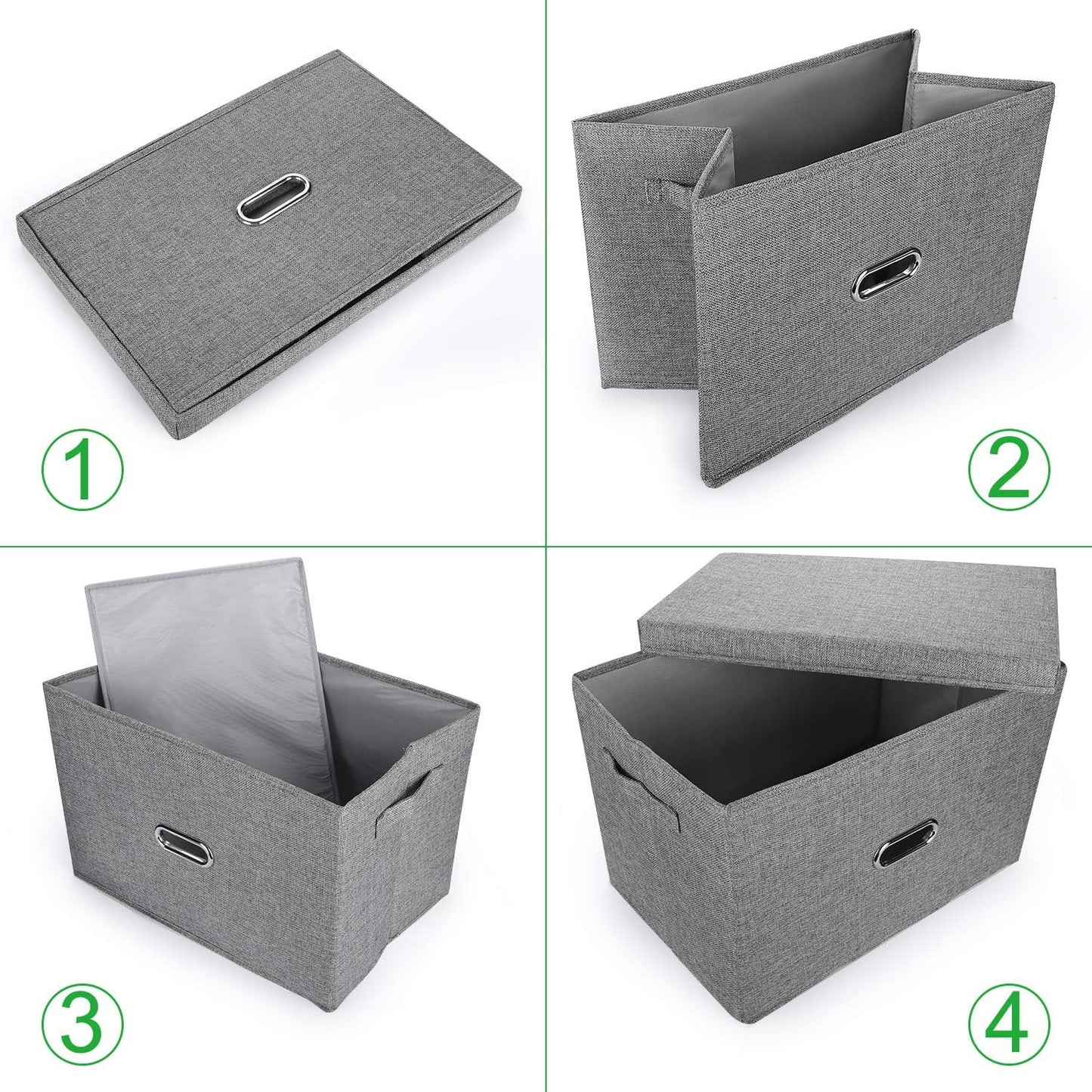 Large Linen Collapsible Storage Bins with Removable Lids and Handles, Washable Storage Box Containers Baskets Cube with Cover for Bedroom,Closet,Office,Living Room,Nursery (Grey, Large)