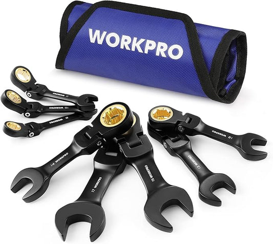 WORKPRO 8-Piece Stubby Anti-slip Ratcheting Combination Wrench Set, Metric 8-17 mm, 72-Teeth, CRV, Black Electrophoretic Coating, Flex-Head Wrench Set with Rolling Pouch