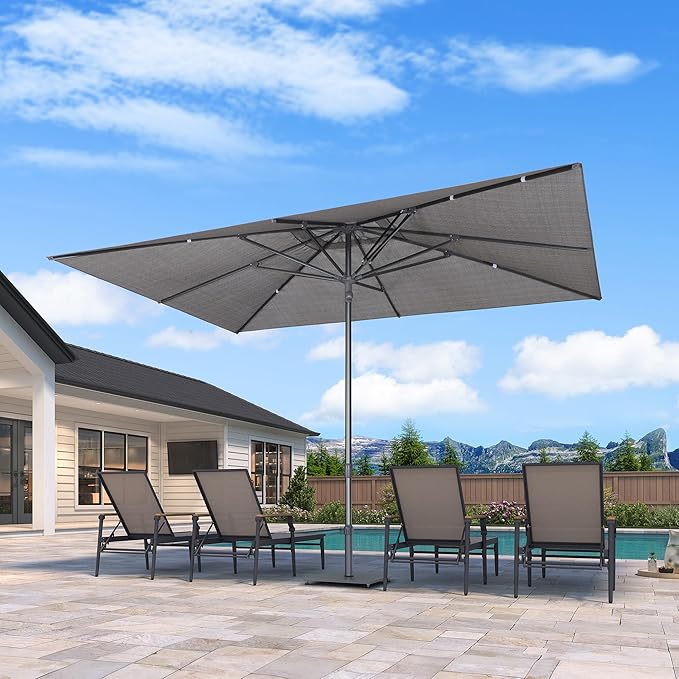 PURPLE LEAF 9 X 12 FT Semi-Auto Outdoor Patio Umbrella Market Table Sun Umbrellas with 8 Aluminum Sturdy Ribs for Backyard Deck Garden Pool (Gray Pole Gray Canopy)