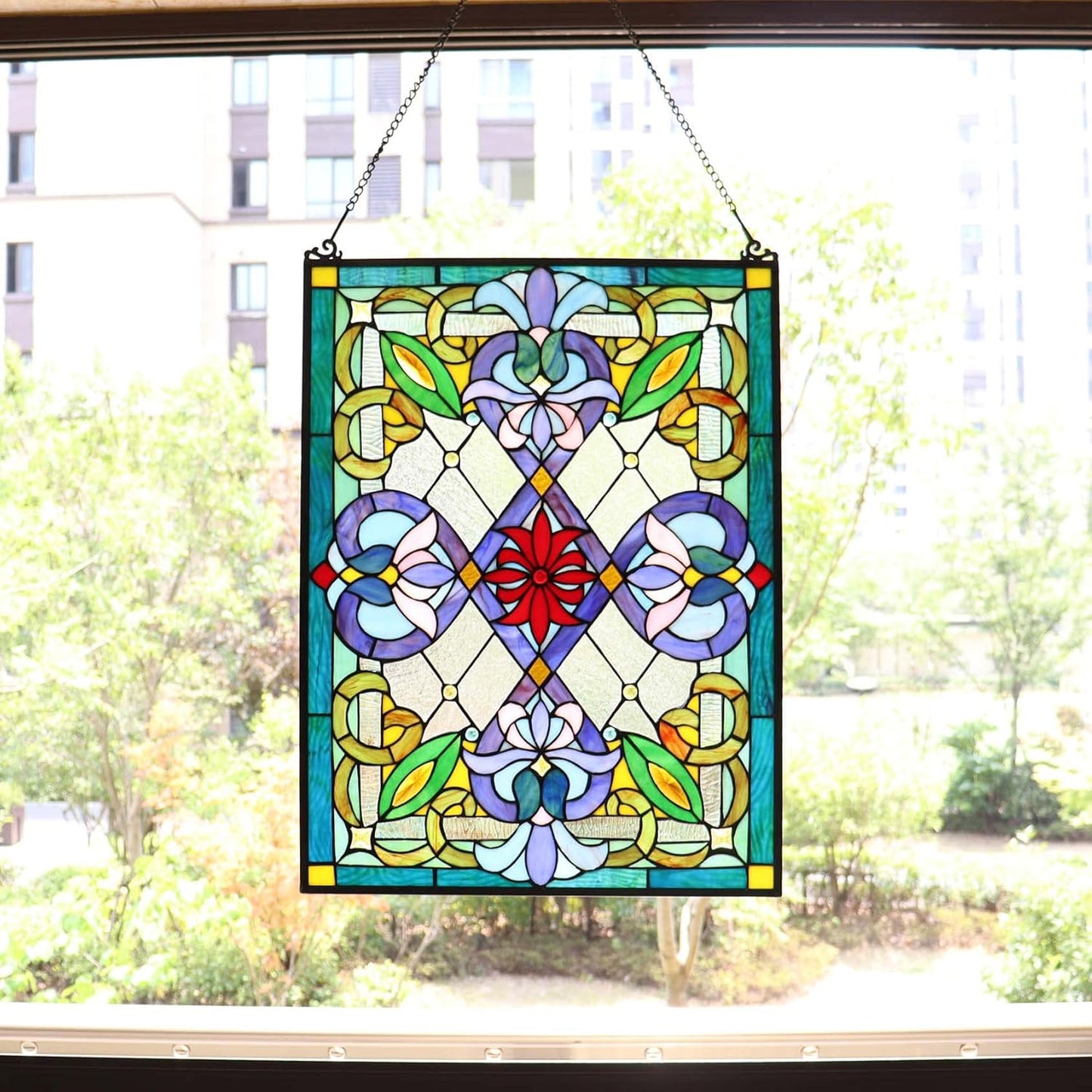 Bieye W10028 Victorian Tiffany Style Stained Glass Window Panel with Chain, Rectangular Shape, 18" W x 25" H