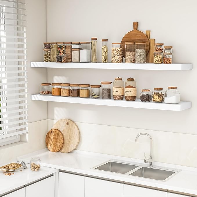 RICHFOCUS 72Inch Floating Shelves for Wall 2 Pack Shelves for Bedroom|Kitchen|Bathroom Wall Mounted Rustic Wood Floating Shelf with Invisible Brackets for Books|Storage|Decor, White