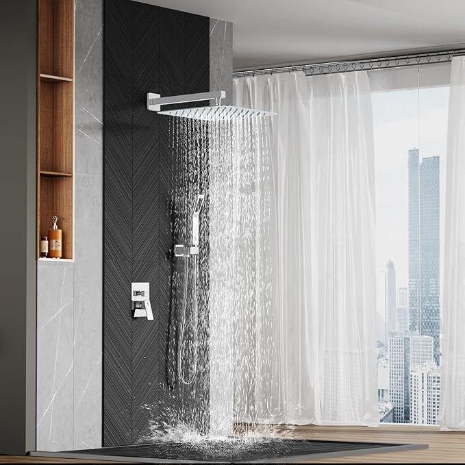 SR SUN RISE Polished Chrome Square Rainfall Shower Head and Handle Set, Wall Mounted Shower Fixtures, Metal Shower Faucet Trim Repair Kits (With Shower Valve) 16 Inches