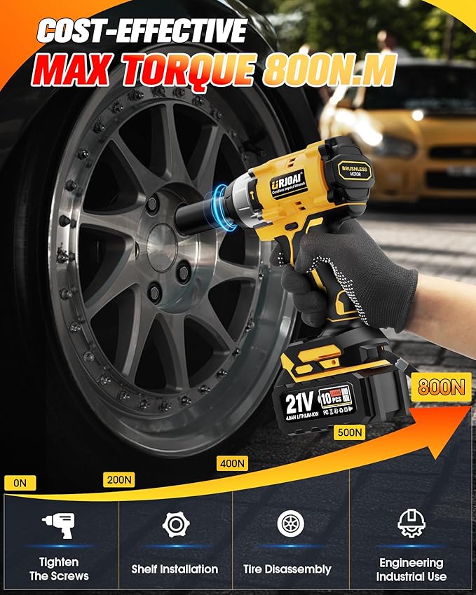 Cordless Impact Wrench - 590Ft-lbs (800N.m) Brushless 1/2 inch, 3300RPM High Torque Impact Gun, 2x 4.0Ah Battery, Charger & 7 Sockets, Electric Impact Wrench for Car Home