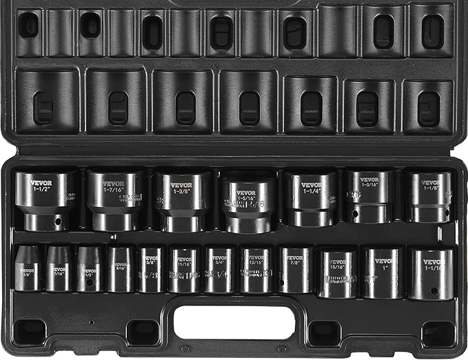VEVOR Impact Socket Set 1/2 Inches 19 Piece Impact Sockets, 1/2 Inches Drive Socket Set Impact 6-point Hex Sockets Standard SAE (3/8 Inches to 1-1/2 Inches) Standard Socket Assortment
