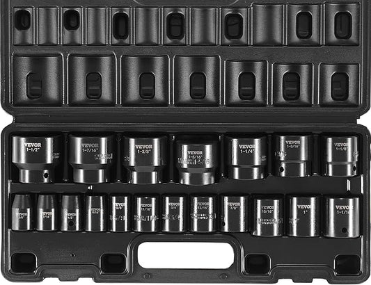 VEVOR Impact Socket Set 1/2 Inches 19 Piece Impact Sockets, 1/2 Inches Drive Socket Set Impact 6-point Hex Sockets Standard SAE (3/8 Inches to 1-1/2 Inches) Standard Socket Assortment