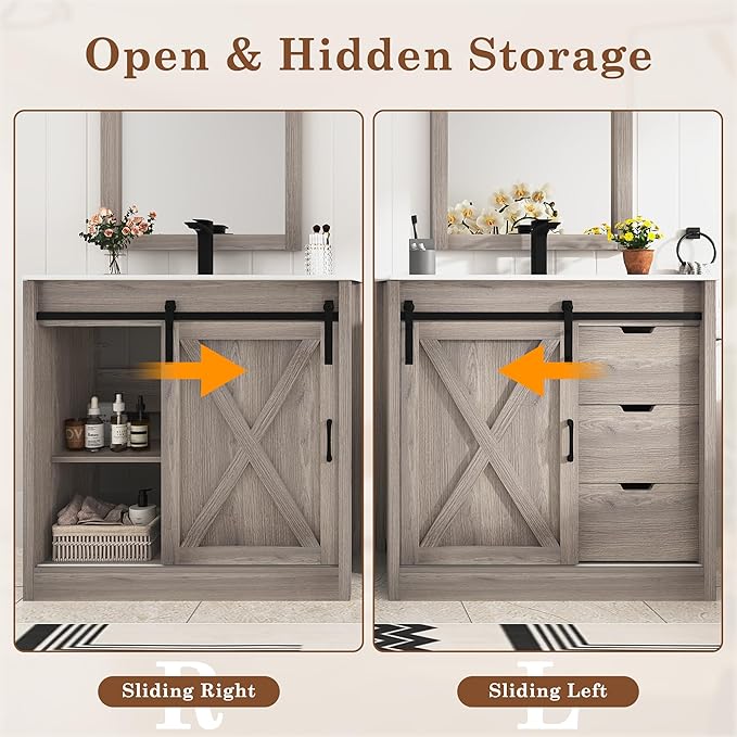 36 Inch Bathroom Vanity with Sink & Faucet & Mirror, Farmhouse Bathroom Vanity Cabinet Set with Sliding Barn Door & Drawers, Small Single Bath Storage Vanity Sink, Grey