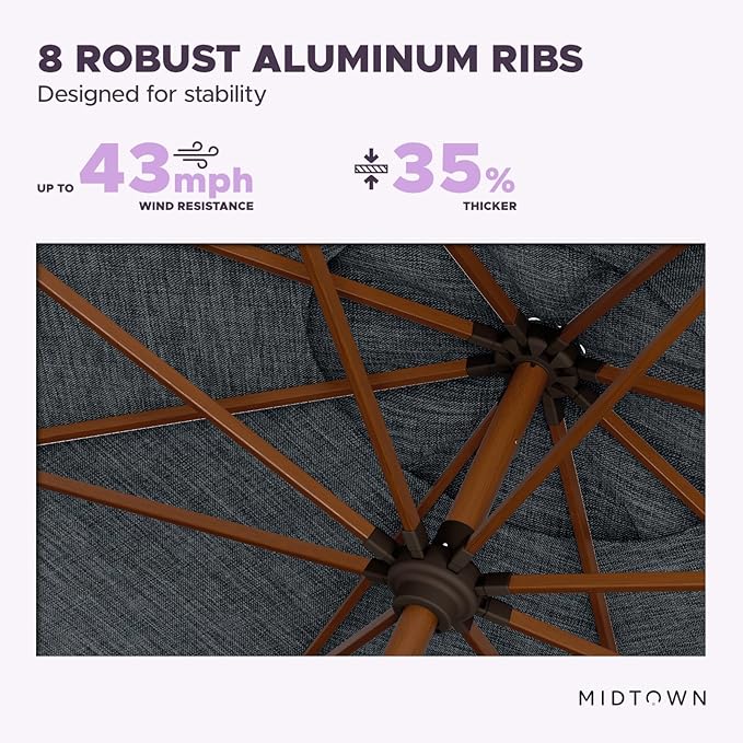 Midtown Umbrellas Sunbrella Umbrella Outdoor Patio Umbrella 2-9 Feet in Cast Slate Acrylic Fabric, Auto-Tilt Aluminum Frame For Backyard Umbrella, Deck Umbrella & Porch Umbrella - Wooden Pole