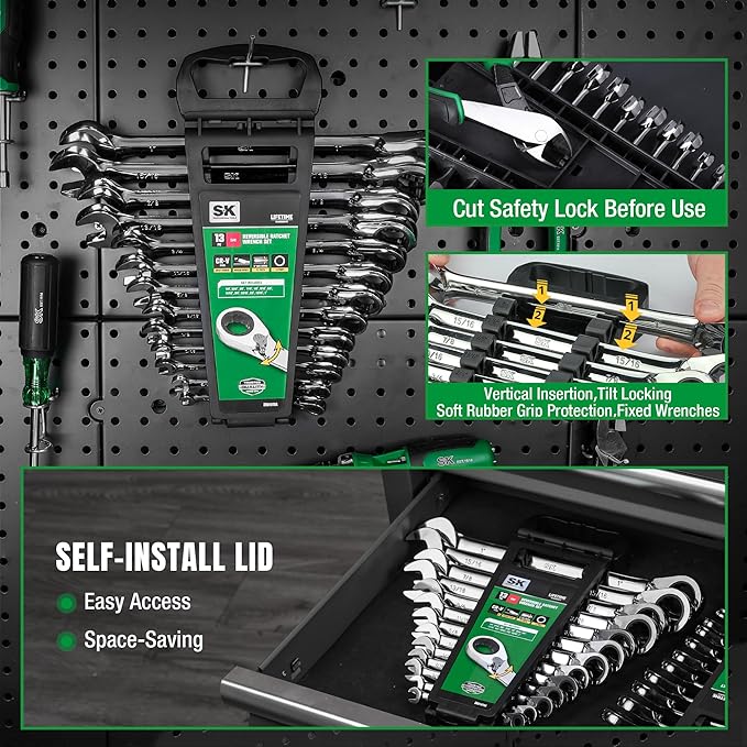 SK Reversible Ratcheting Wrench Set, Combination Wrench Set, 13-Piece, SAE 1/4" to 1", 72-Tooth, Premium CR-V Construction, with Rack Organizer