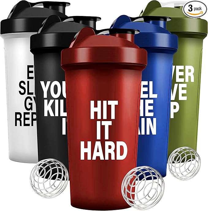 Shaker Bottles for Protein Shakes 24oz, Plastic Bottle for Pre and Post Workout, Protein Shaker Bottle with Wire Whisk Ball, Shaker Cup, Dishwasher Safe (HIT IT HARD, WHITE)