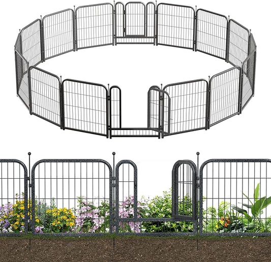 Metal Garden Fence with 14 Panels 2 Gates Outdoor Dog Fence 36ft (L)×32in (H) Decorative Pet & Animal Barrier, Garden and Yard Fencing，Black-Silver